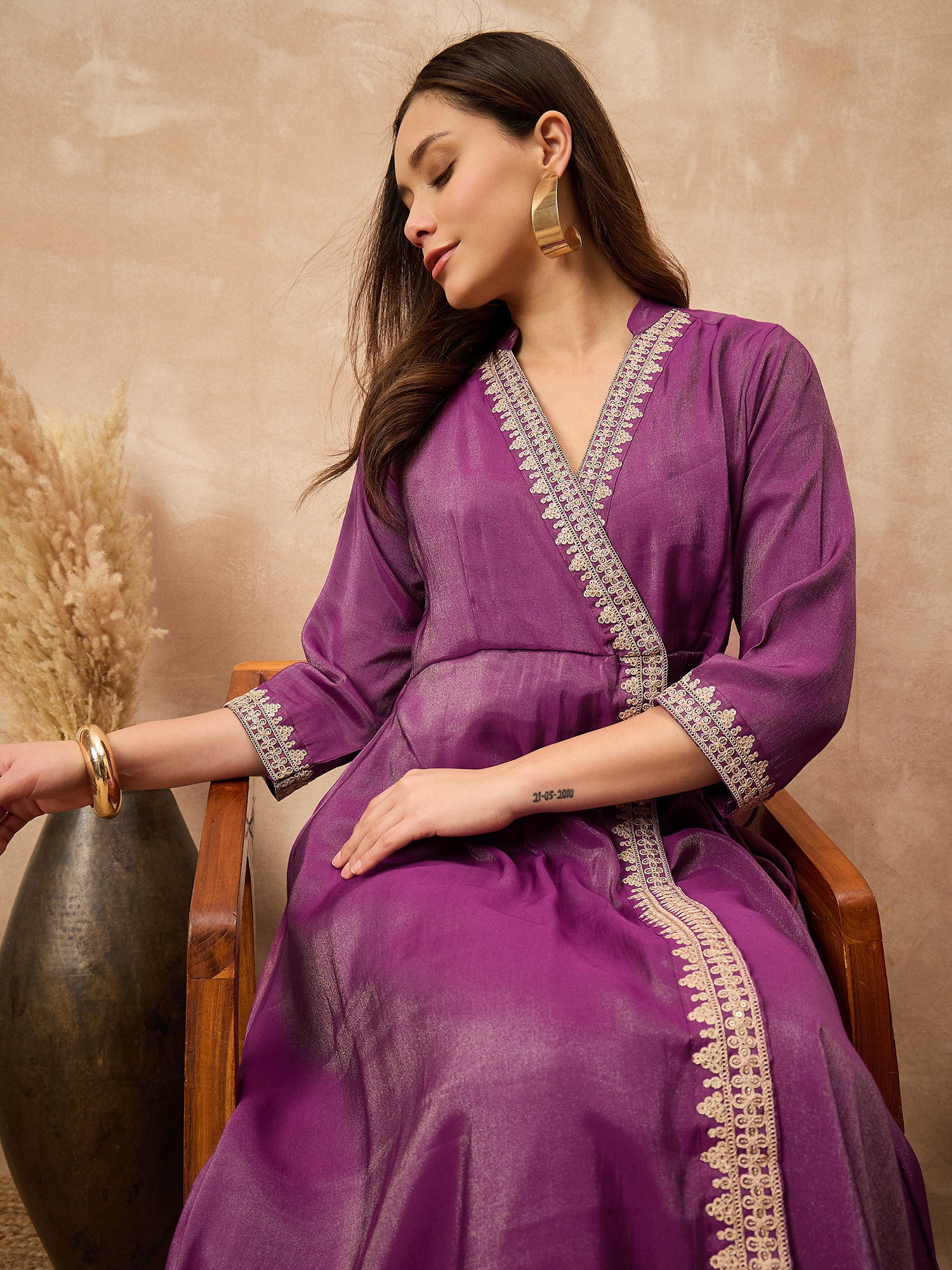 Purple Chanderi Silk Solid A-Line Kurta Trouser