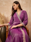 Purple Chanderi Silk Solid A-Line Kurta Trouser