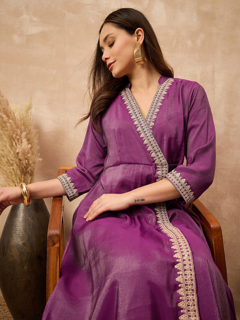 Purple Chanderi Silk Solid A-Line Kurta Trouser