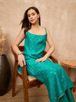 Teal Silk Blend Printed A-Line Kurta Trouser