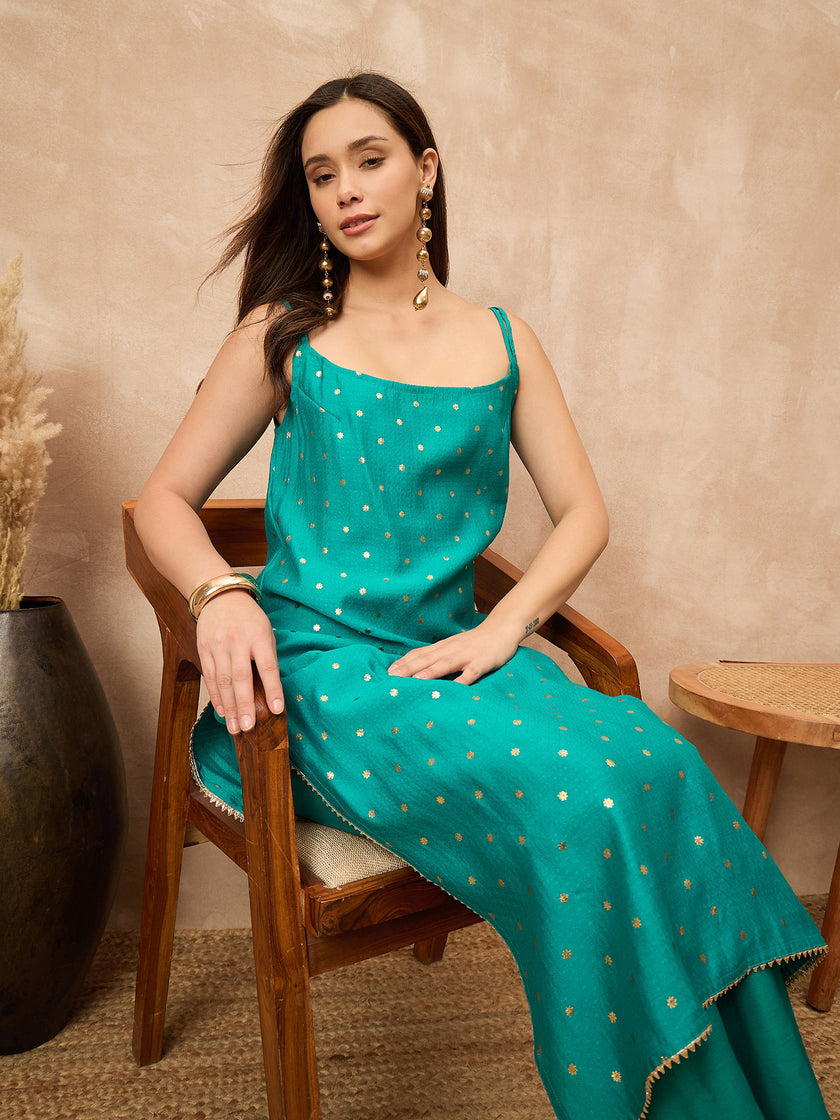 Teal Silk Blend Printed A-Line Kurta Trouser