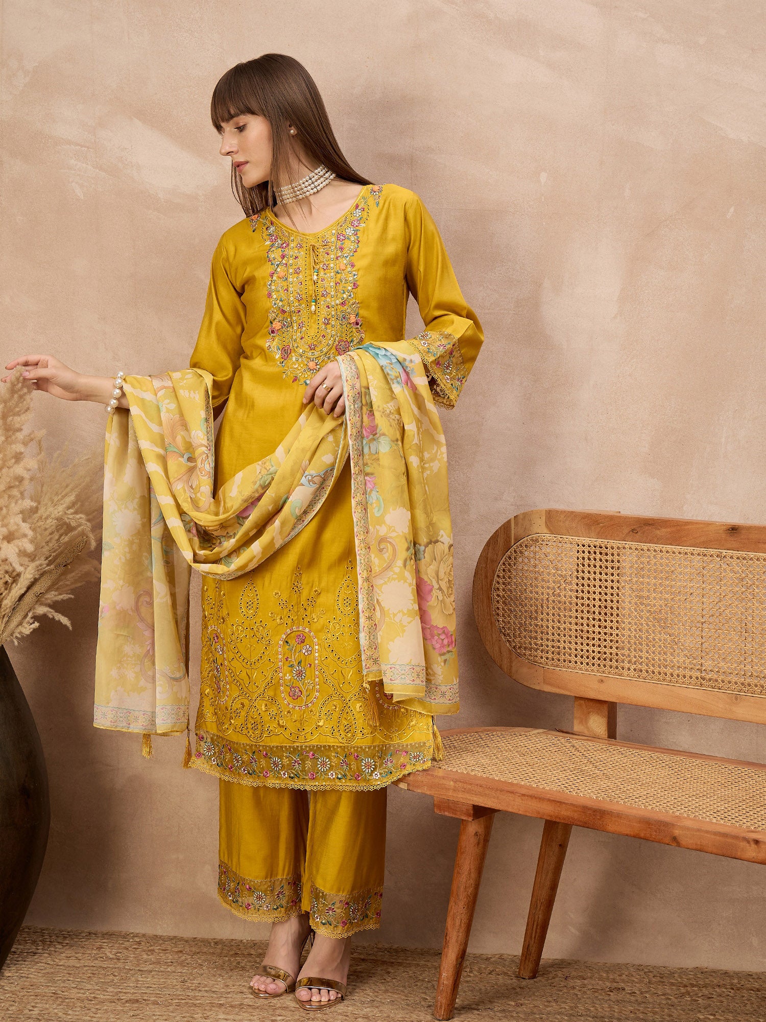Gold Pure Cotton Beads & Stone Embroidered A-Line Kurta Trouser With Printed Dupatta