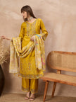 Gold Pure Cotton Beads & Stone Embroidered A-Line Kurta Trouser With Printed Dupatta