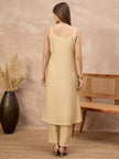 Beige Pure Cotton Solid A-Line Kurta Trouser With Floral & Mirror Embroidered Shrug