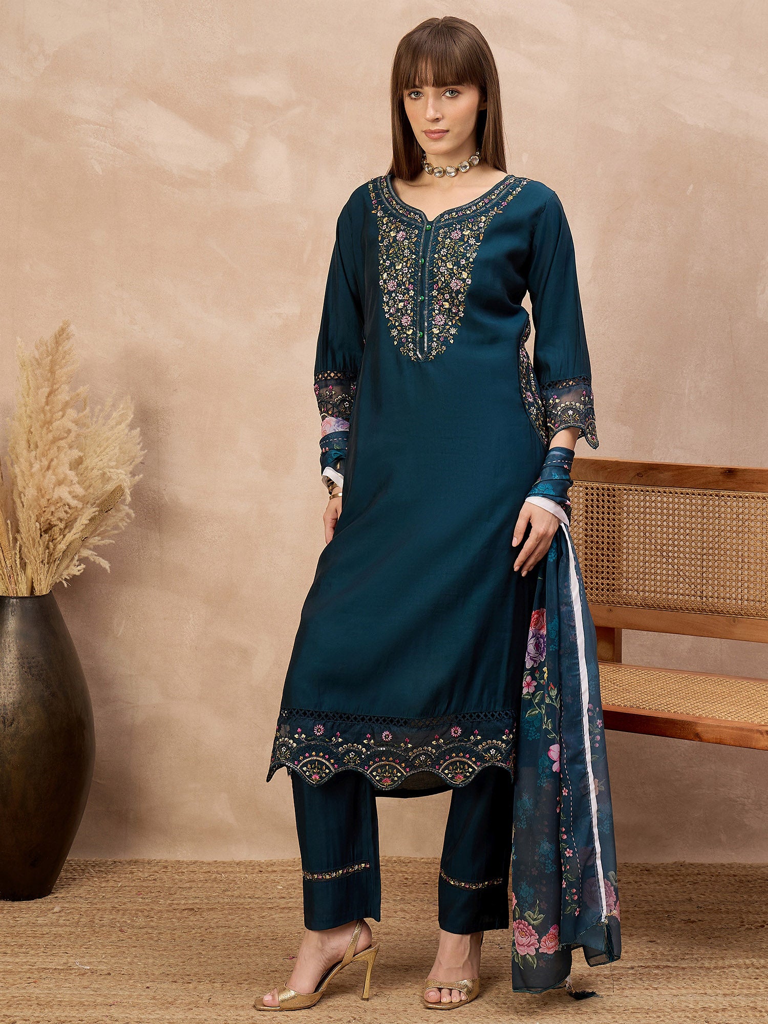 Blue Pure Cotton Beads & Stone Embroidered With Buttons A-Line Kurta Trouser With Printed Dupatta