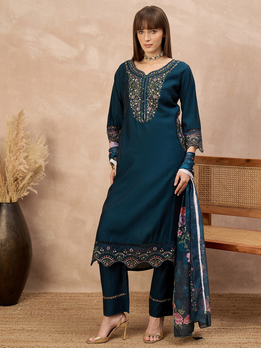 Blue Pure Cotton Beads & Stone Embroidered With Buttons A-Line Kurta Trouser With Printed Dupatta