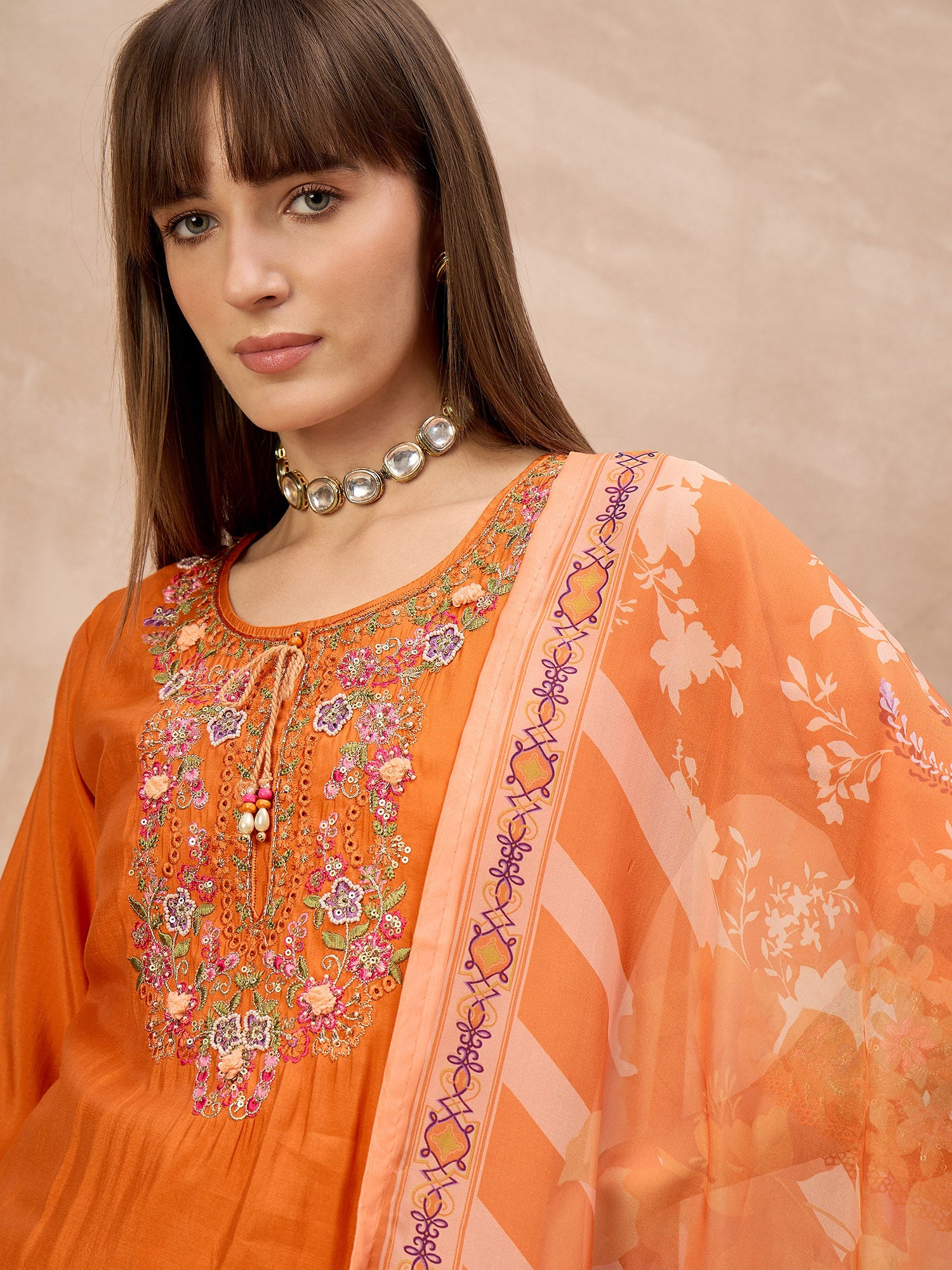 Orange Pure Cotton Beads & Stone Embroidered A-Line Kurta Trouser With Printed Dupatta