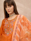 Orange Pure Cotton Beads & Stone Embroidered A-Line Kurta Trouser With Printed Dupatta
