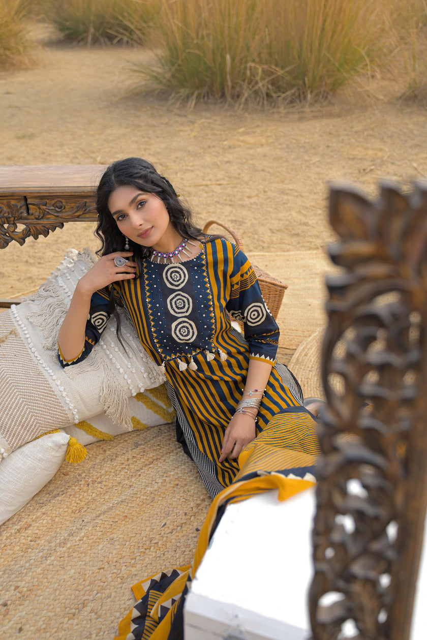 Mustard Pure Cotton Ajrakh Printed A-Line Kurta Trouser With Dupatta