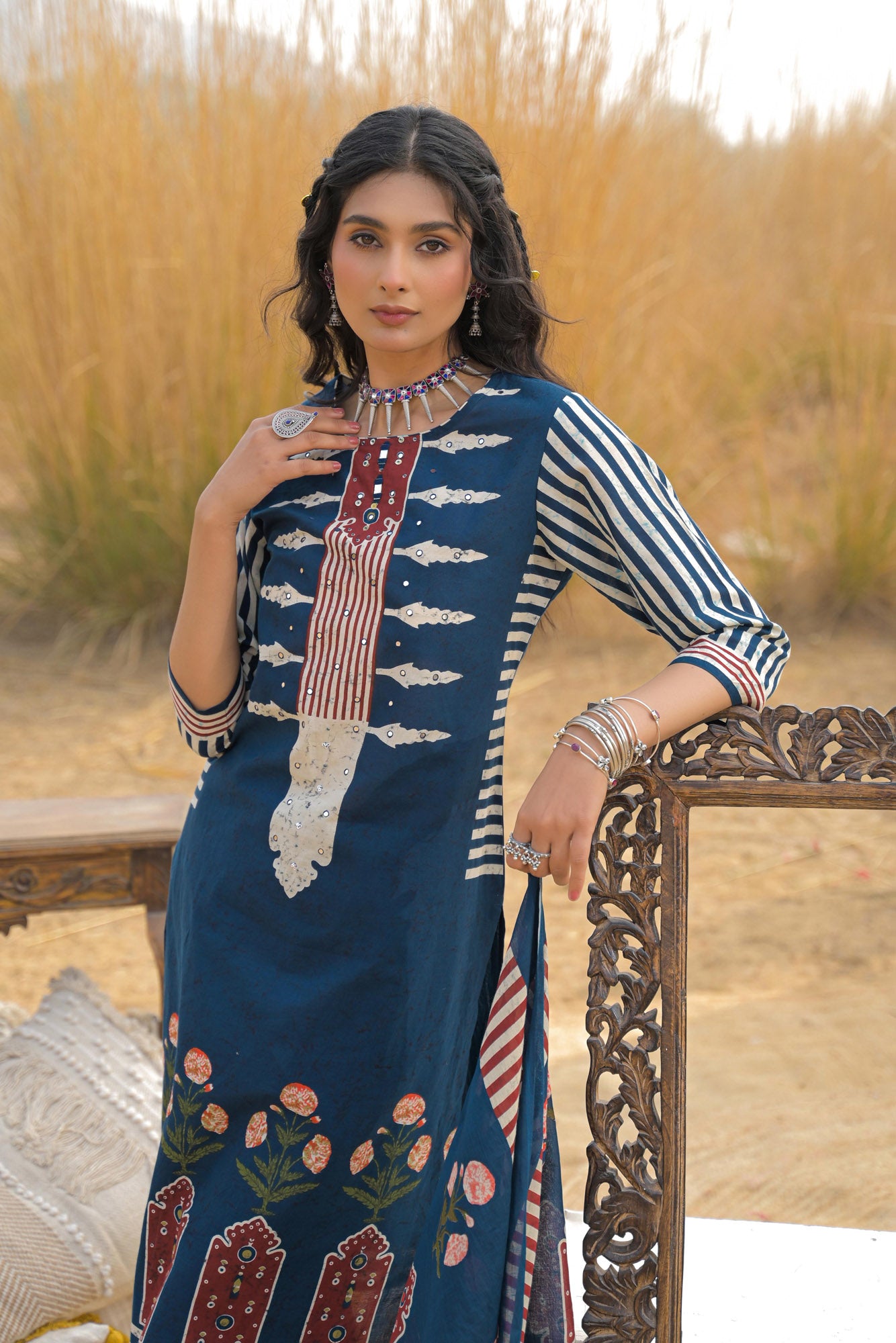 Blue Pure Cotton Ajrakh Printed A-Line Kurta Trouser With Dupatta