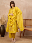 Yellow Pure Cotton Floral Embroidered With Buttons A-Line Kurta Trouser With Dupatta