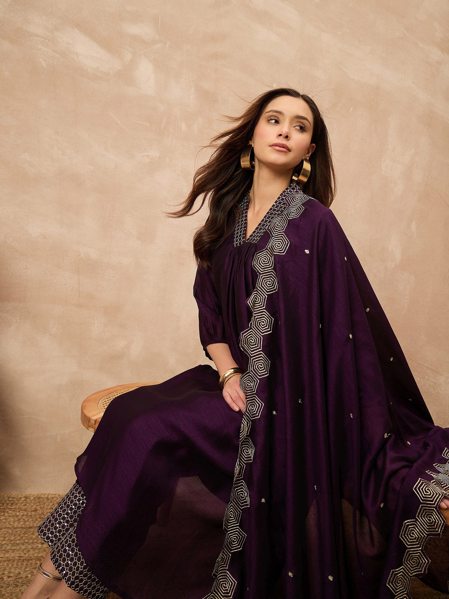 Purple Silk Blend Solid A-Line Kurta Trouser with Dupatta