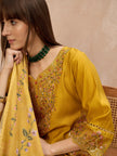 Gold Pure Cotton Beads & Stone Embroidered With Buttons A-Line Kurta Trouser With Printed Dupatta