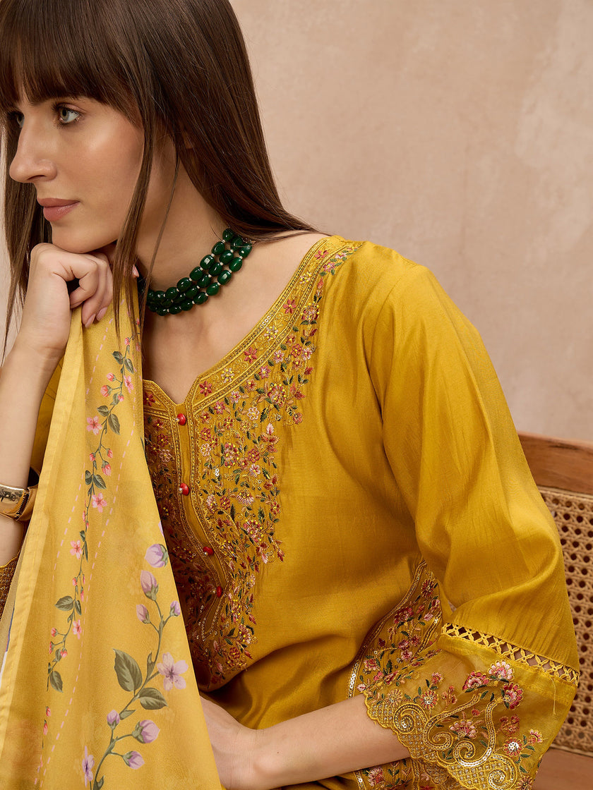 Gold Pure Cotton Beads & Stone Embroidered With Buttons A-Line Kurta Trouser With Printed Dupatta