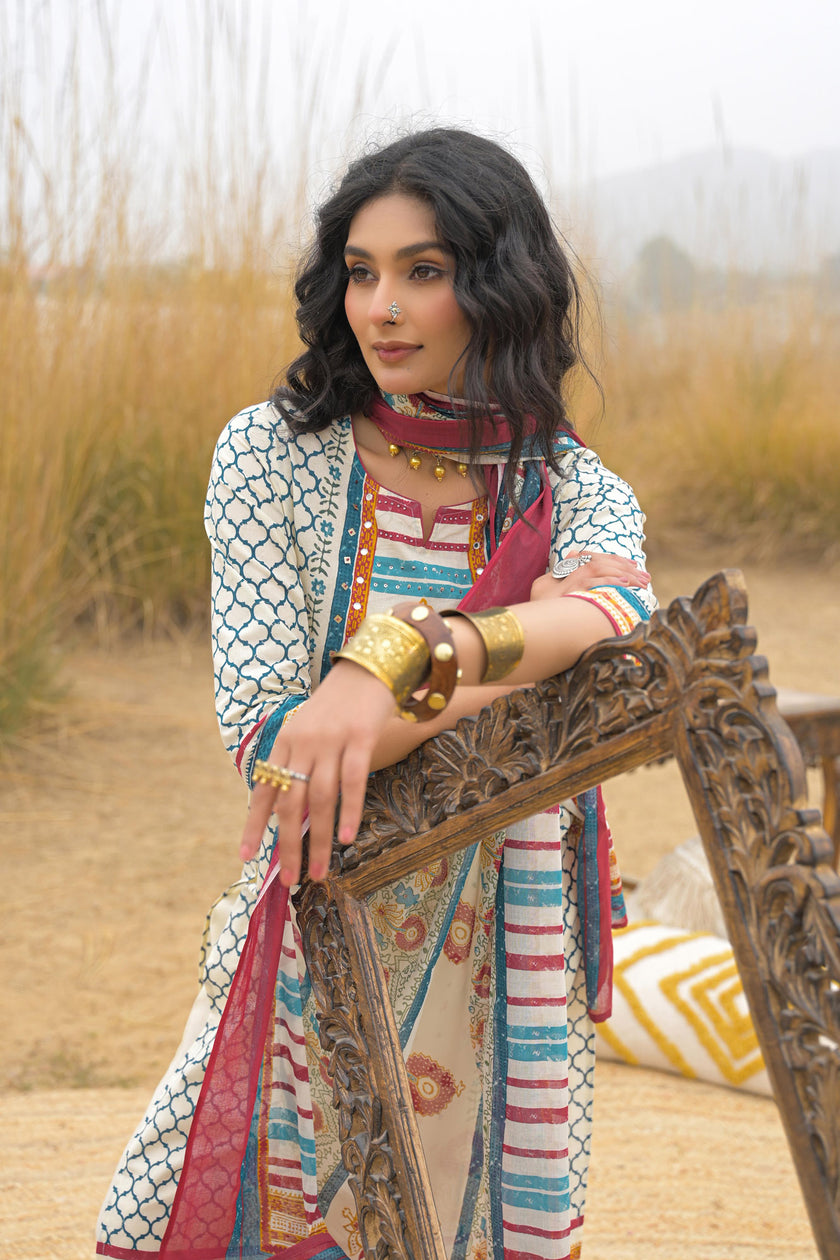 Multi Pure Cotton Ajrakh Printed A-Line Kurta Trouser With Dupatta