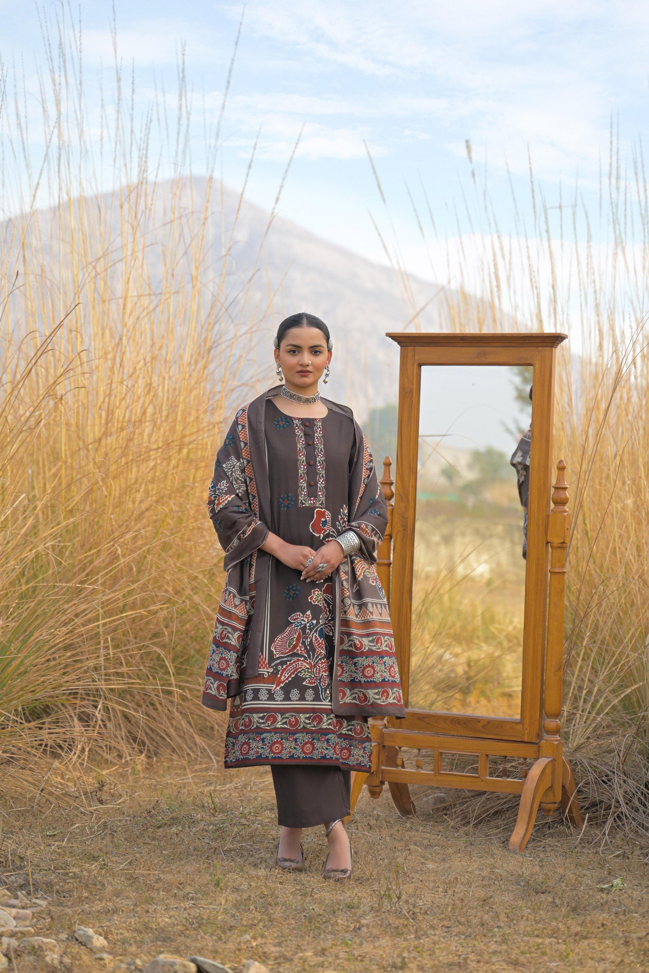 Brown Pure Cotton Ajrakh Printed A-Line Kurta Trouser With Dupatta