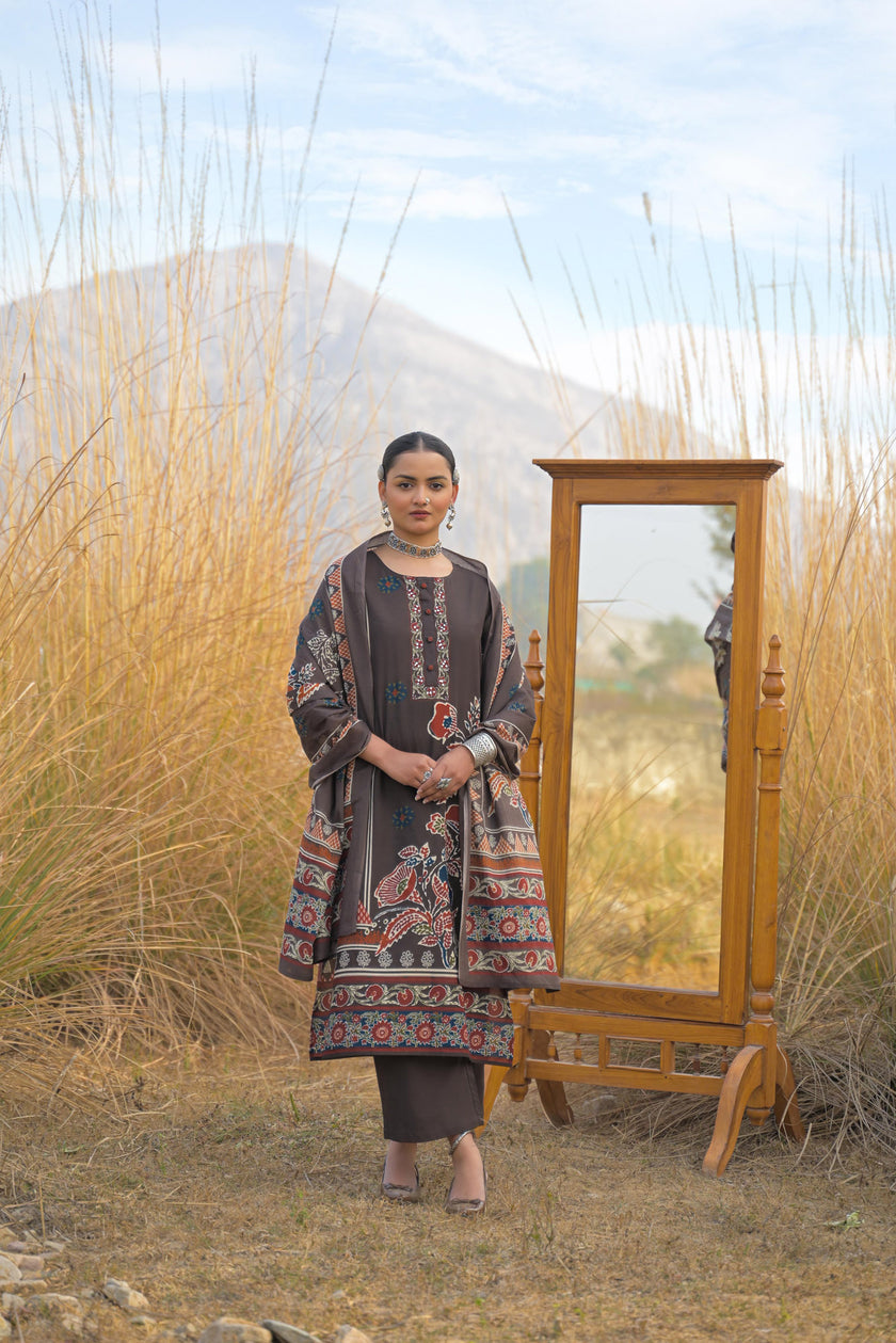 Brown Pure Cotton Ajrakh Printed A-Line Kurta Trouser With Dupatta