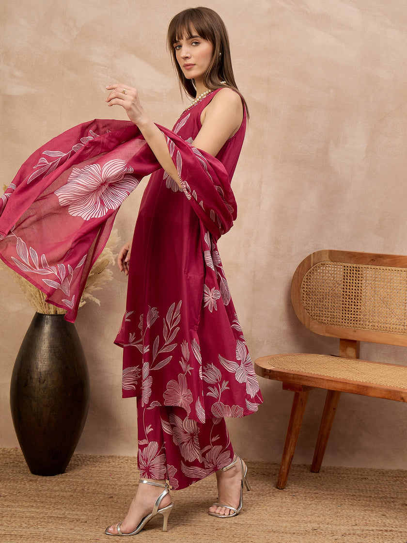 Rose Pure Cotton Floral Printed A-Line Sleeveless Kurta Trouser With Printed Dupatta