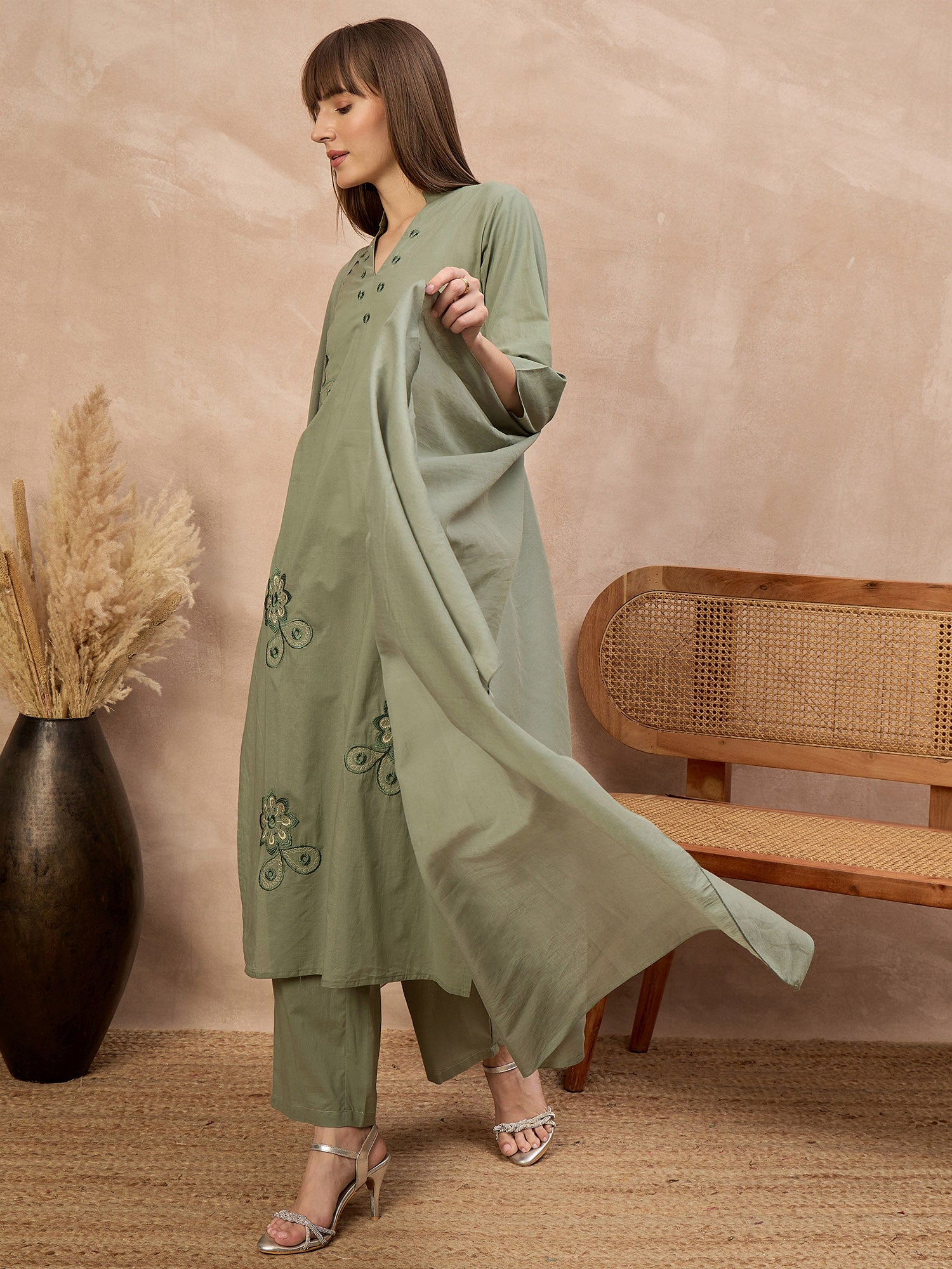 Green Pure Cotton Floral Embroidered A-Line Kurta Trouser With Dupatta