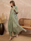 Green Pure Cotton Floral Embroidered A-Line Kurta Trouser With Dupatta
