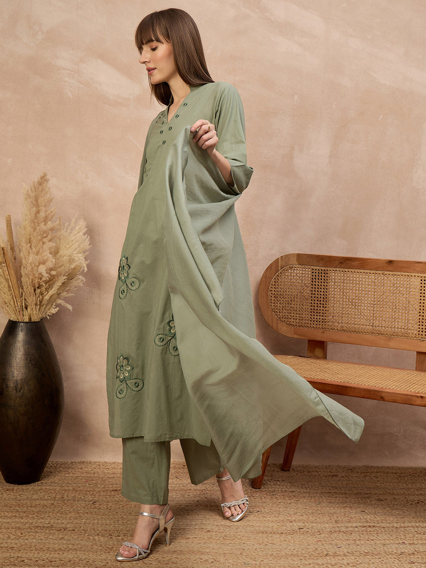 Green Pure Cotton Floral Embroidered A-Line Kurta Trouser With Dupatta