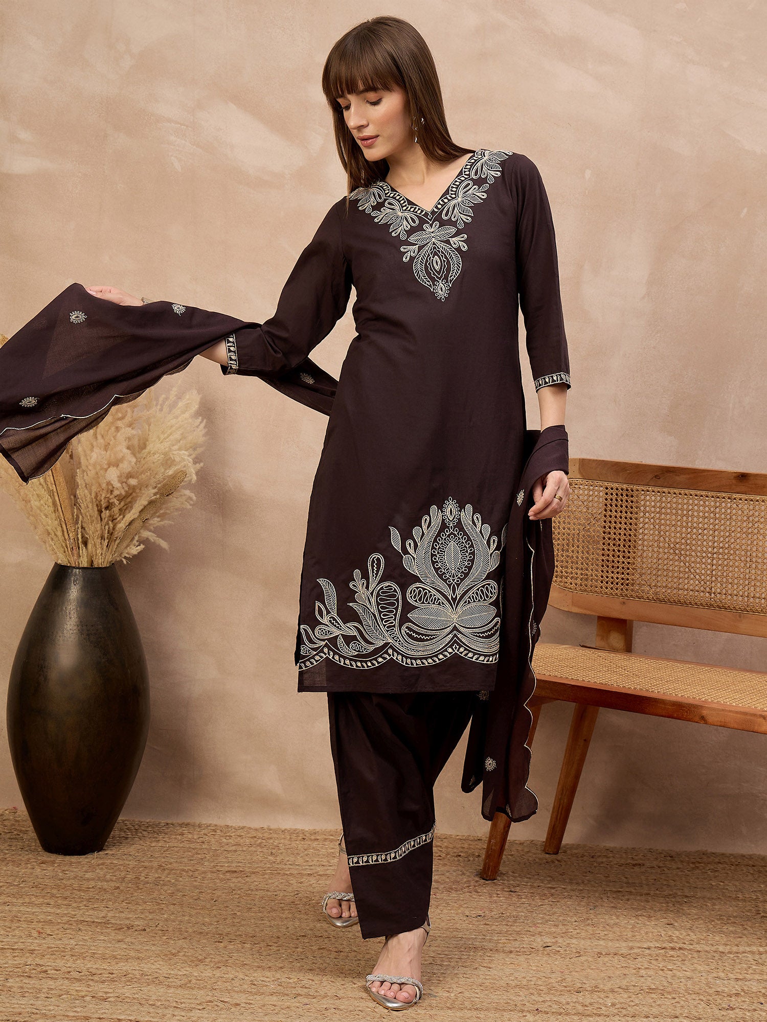 Brown Pure Cotton Embroidered A-Line Kurta Trouser With Embroidered Dupatta
