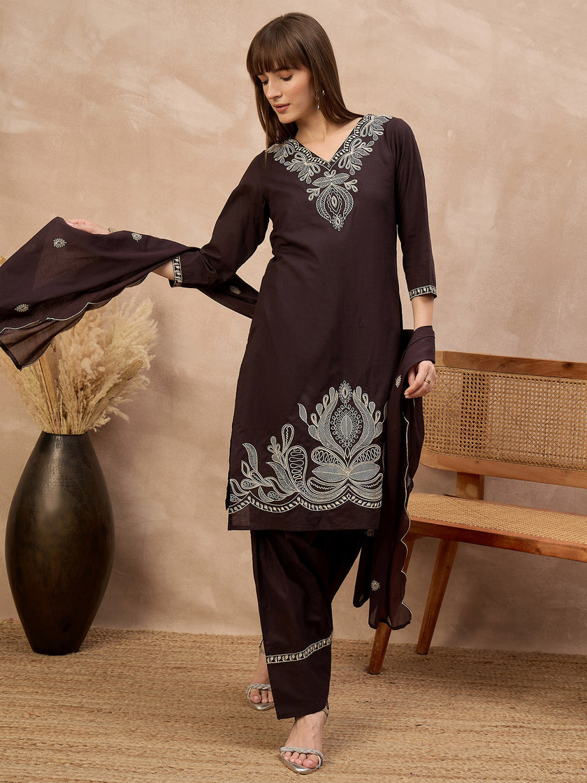 Brown Pure Cotton Embroidered A-Line Kurta Trouser With Embroidered Dupatta