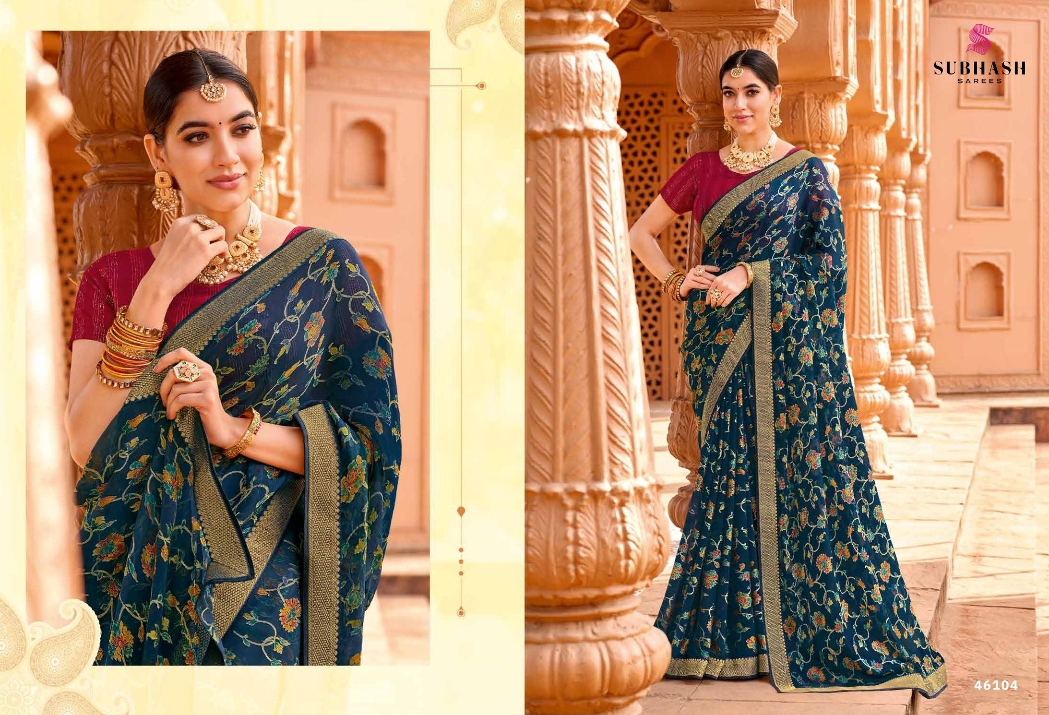 Vintage-27 : Chiffon Brasso Heritage Butti Print Sarees with Printed Tusser Silk Blouse