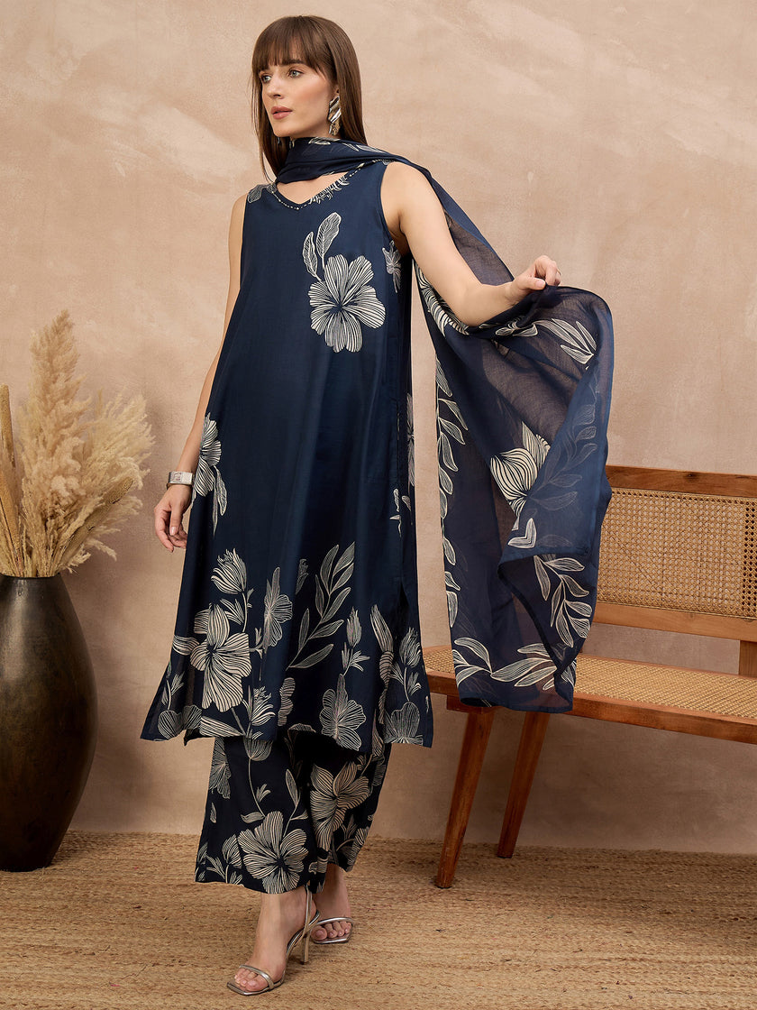 Blue Pure Cotton Floral Printed A-Line Sleeveless Kurta Trouser With Printed Dupatta