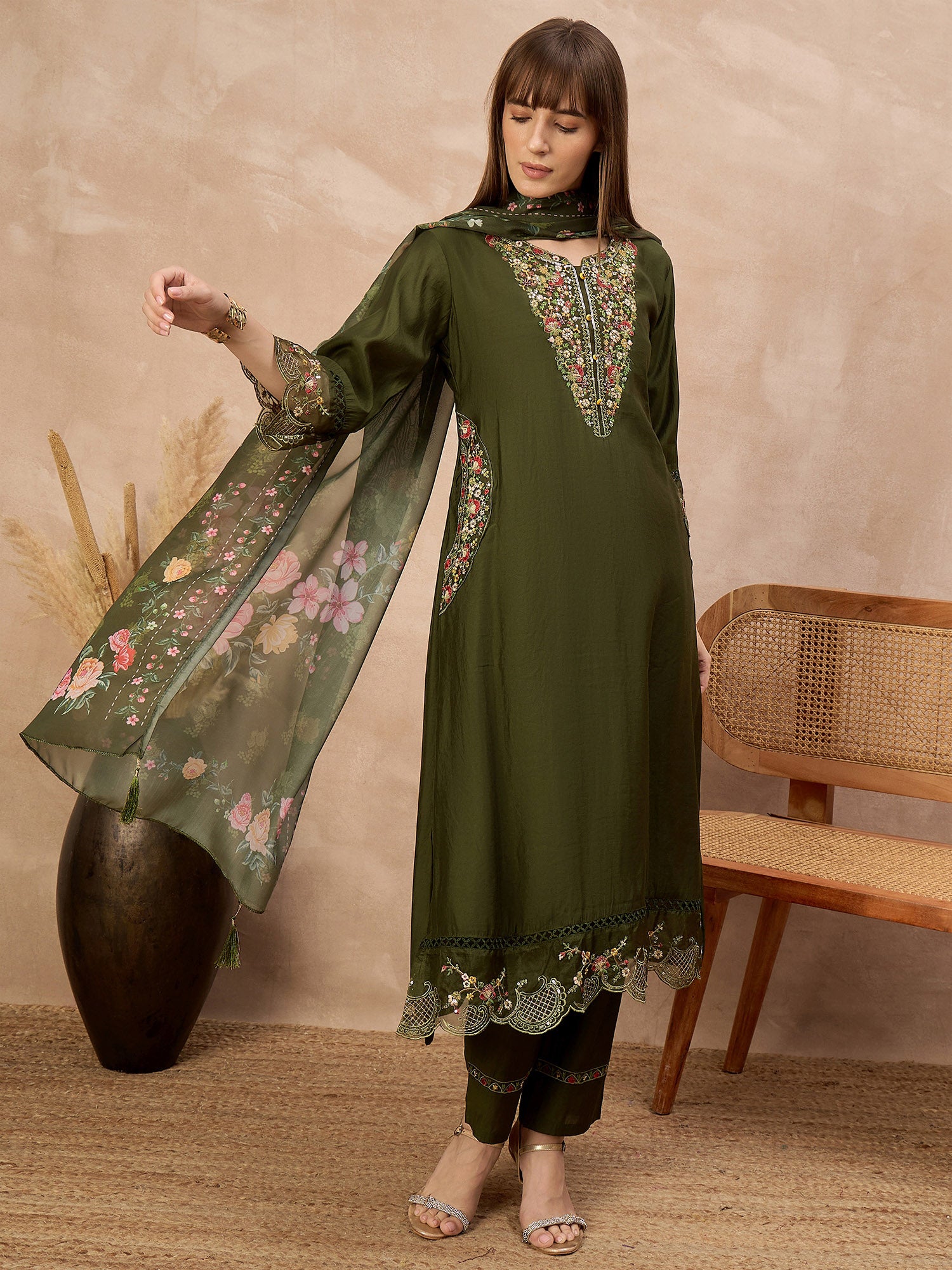 Green Pure Cotton Beads & Stone Embroidered With Buttons A-Line Kurta Trouser With Printed Dupatta