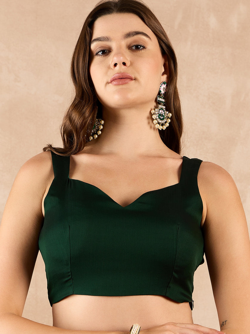 Green Satin Solid With Embroidered Border Saree with Unstitched Fancy Blouse