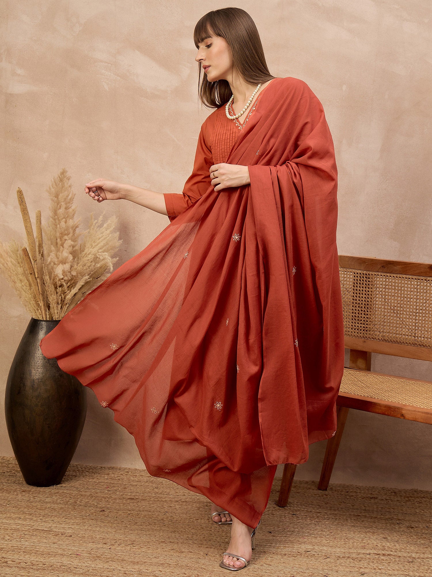 Orange Pure Cotton Embroidered Pleated A-Line Kurta Trouser With Dupatta