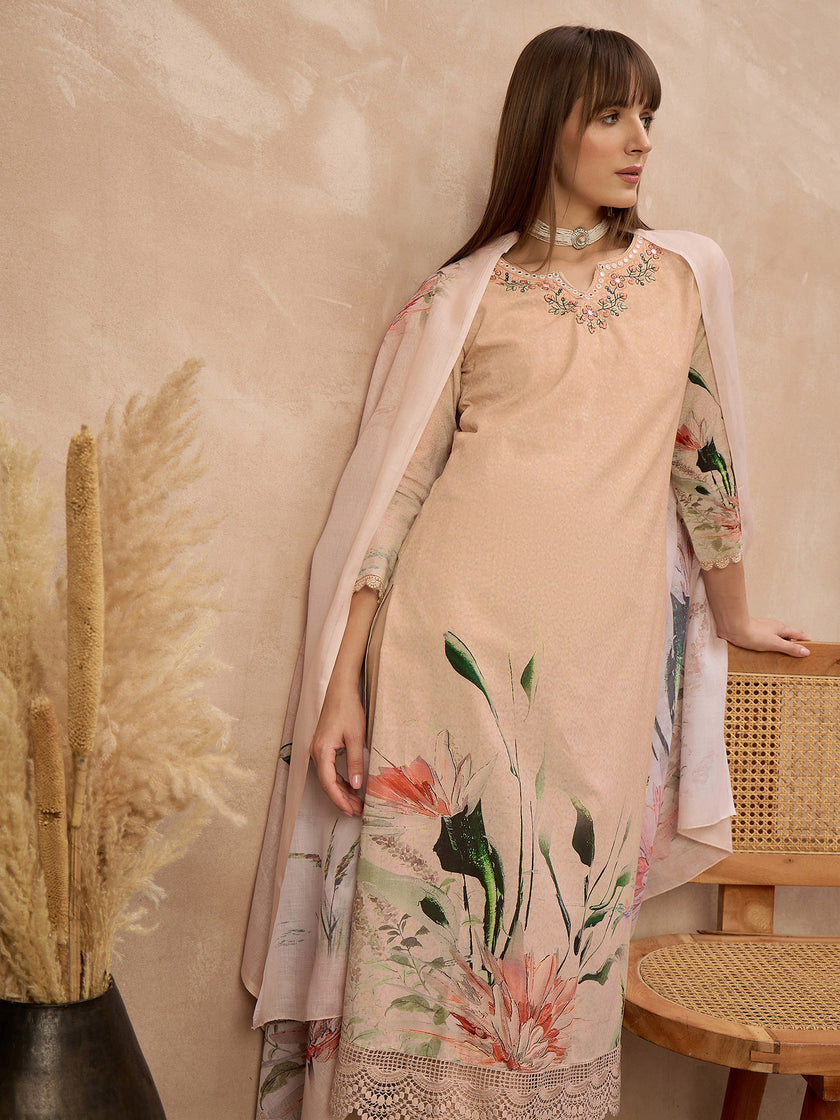 Multi Pure Cotton Digital Printed A-Line Kurta Trouser With Printed Dupatta