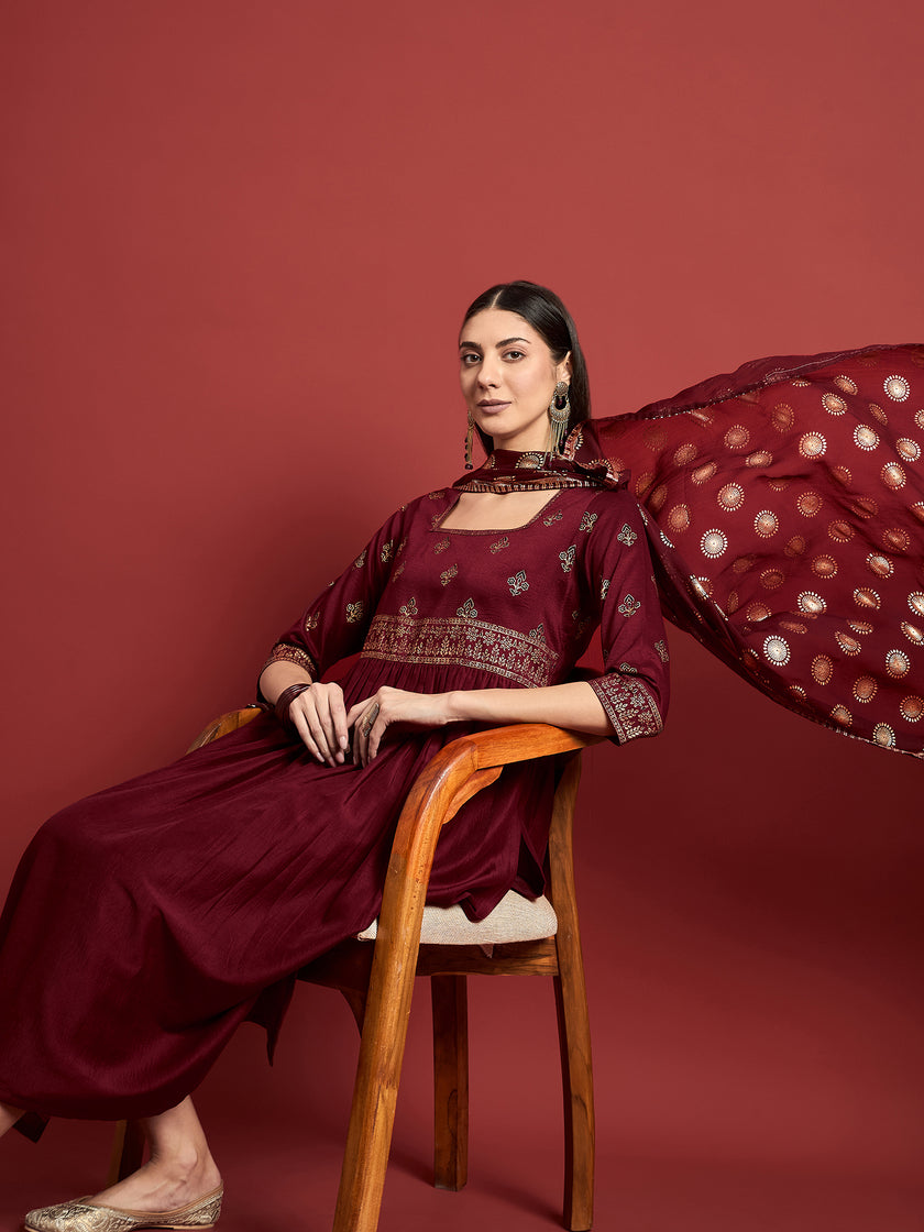 Maroon Chinon Printed A-Line Kurta  Trouser