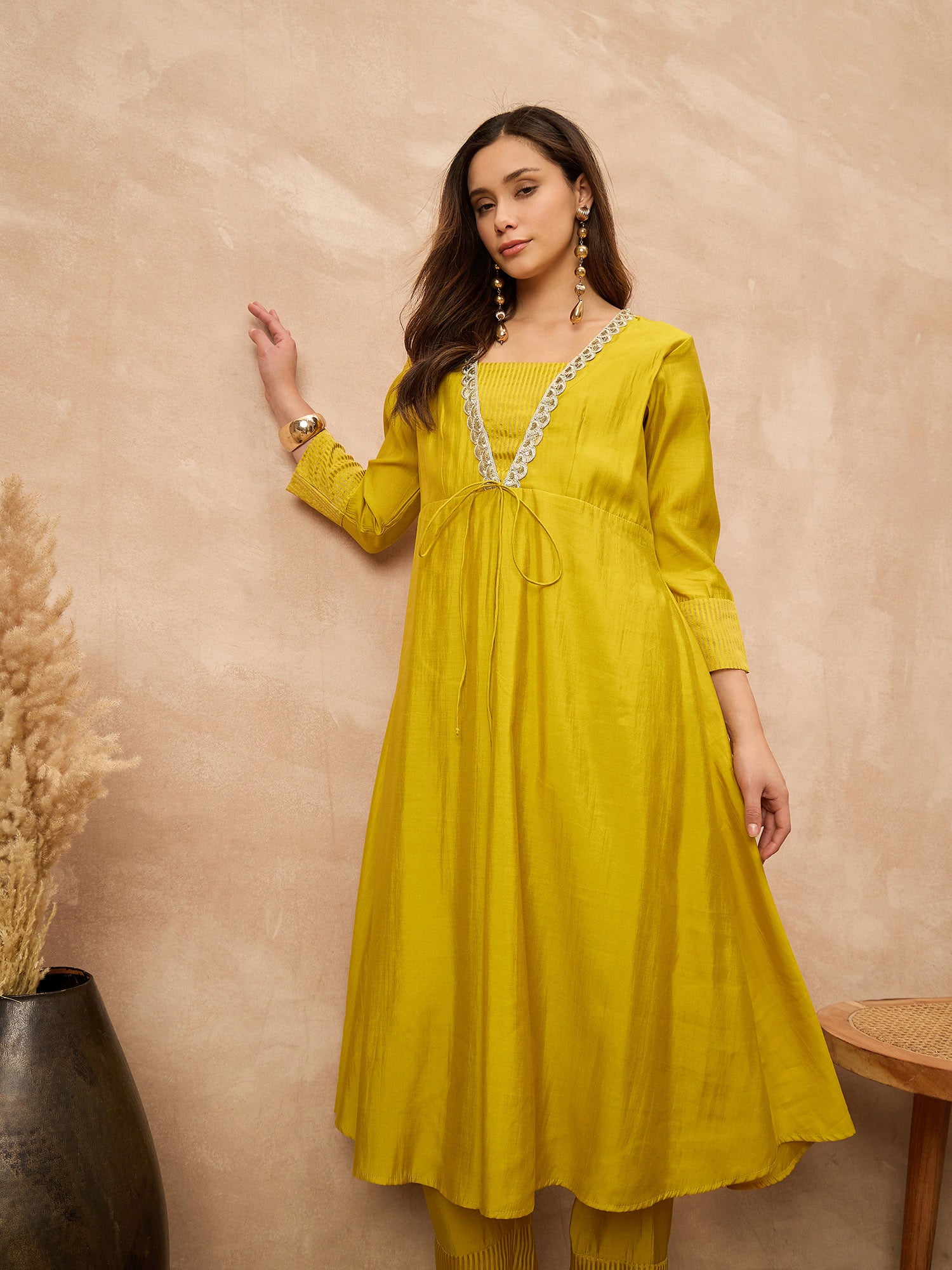 Yellow Silk Blend Solid A-Line Kurta Trouser