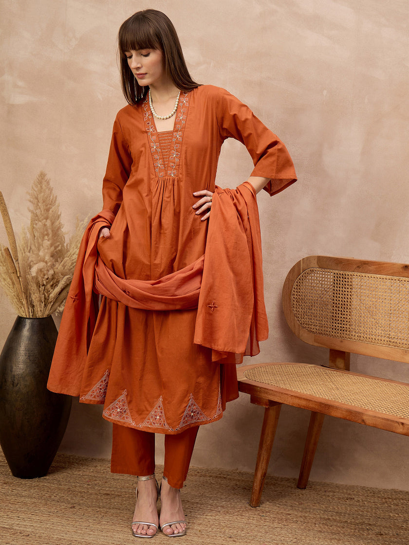 Rust Pure Cotton Geometric Embroidered A-Line Kurta Trouser With Dupatta