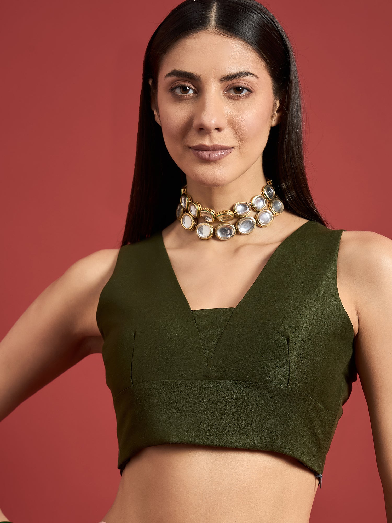 Olive Satin Solid With Embroidered Border Saree with Unstitched Fancy Blouse