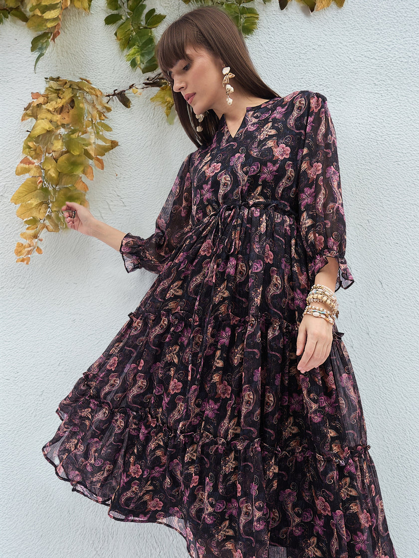 Multi Polyester Printed Fit and Flare Dress