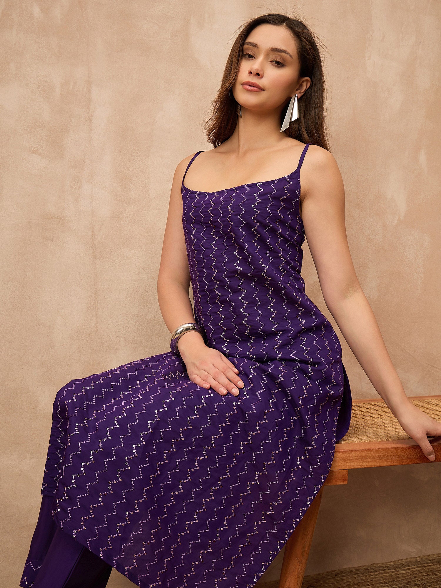 Purple Chanderi Silk Printed A-Line Kurta Trouser