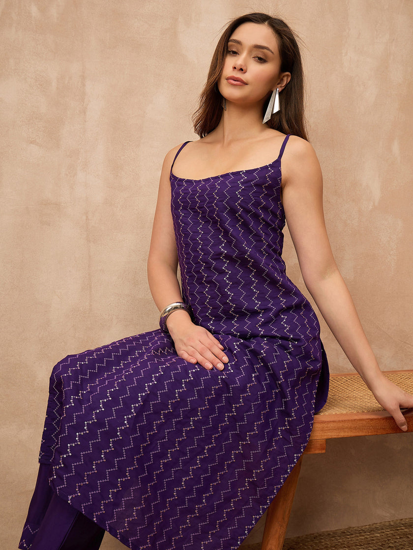 Purple Chanderi Silk Printed A-Line Kurta Trouser