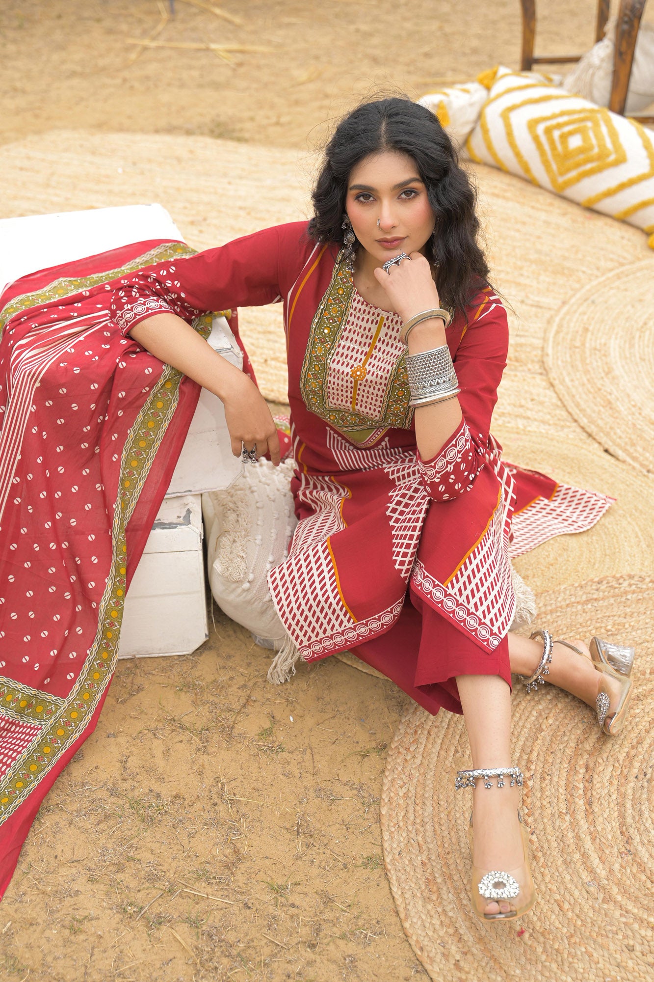 Red Pure Cotton Ajrakh Printed A-Line Kurta Trouser With Dupatta