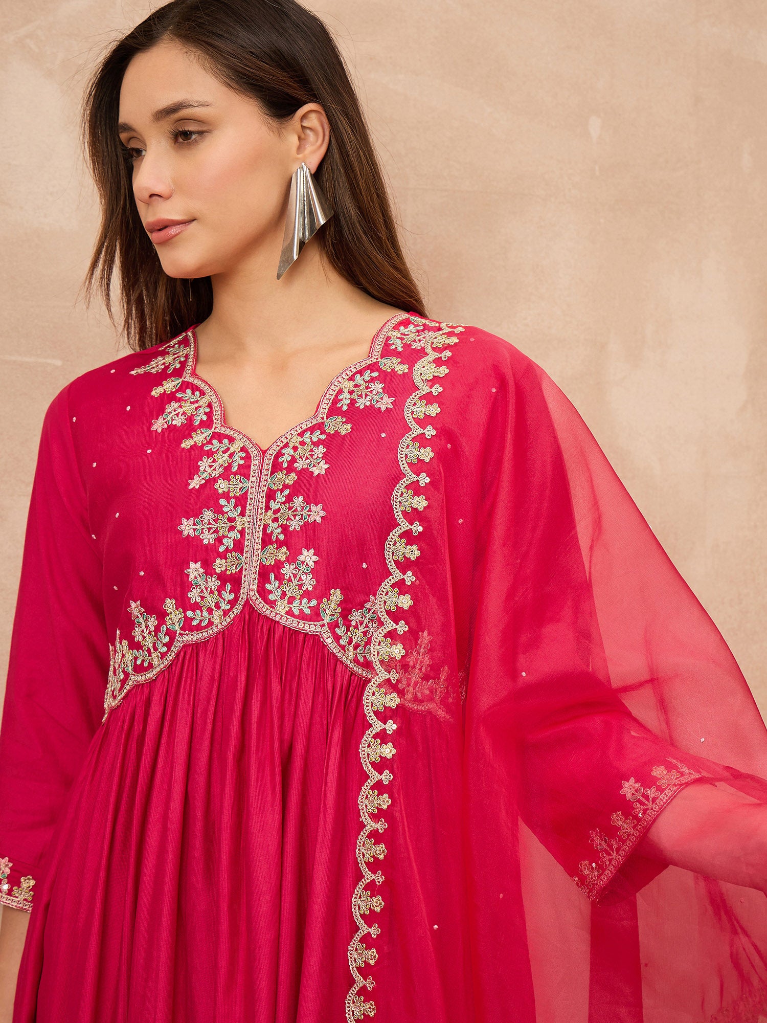 Red Silk Blend Solid A-Line Kurta Trouser with Dupatta