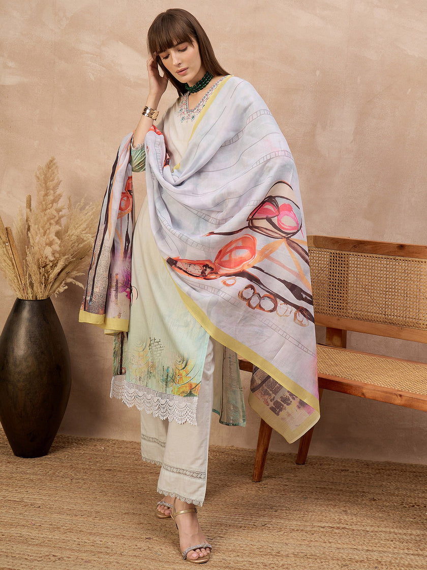 Multi Pure Cotton Digital Printed A-Line Kurta Trouser With Printed Dupatta