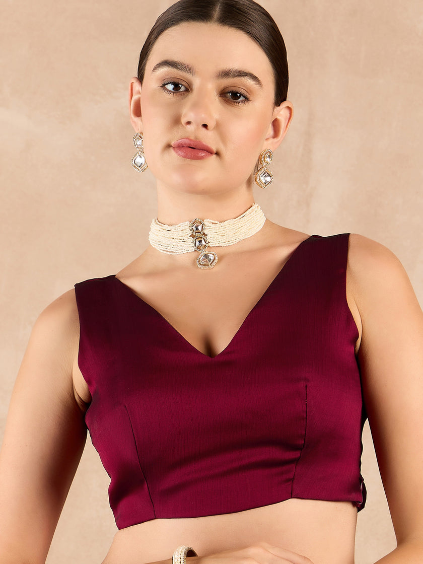 Maroon Satin Solid With Embroidered Border Saree with Unstitched Fancy Blouse