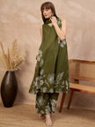 Olive Pure Cotton Floral Printed A-Line Kurta Trouser With Printed Dupatta