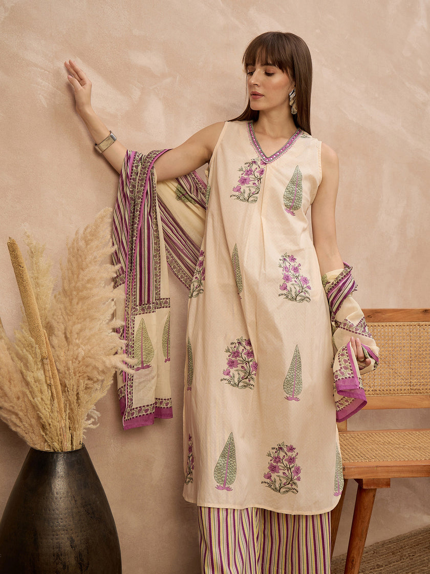 Multi Pure Cotton Floral Printed A-Line Sleeveless Kurta Trouser With Printed Dupatta
