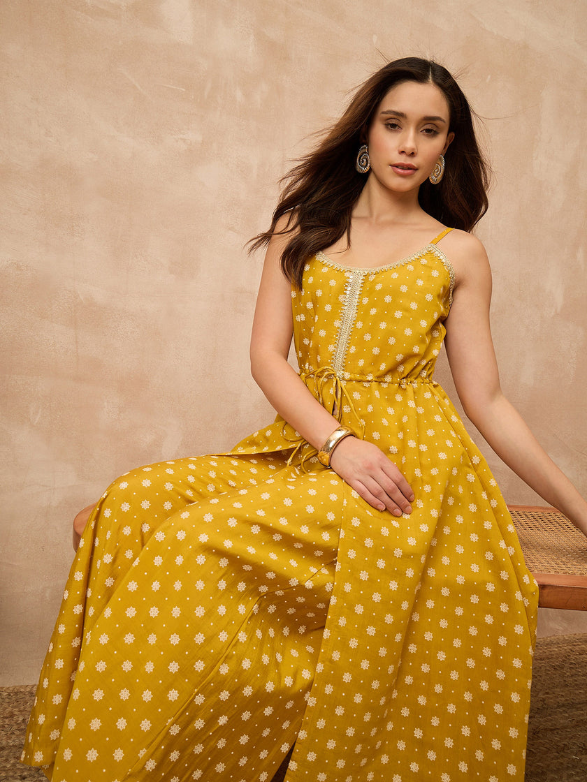 Yellow Silk Blend Printed A-Line Kurta Palazzo