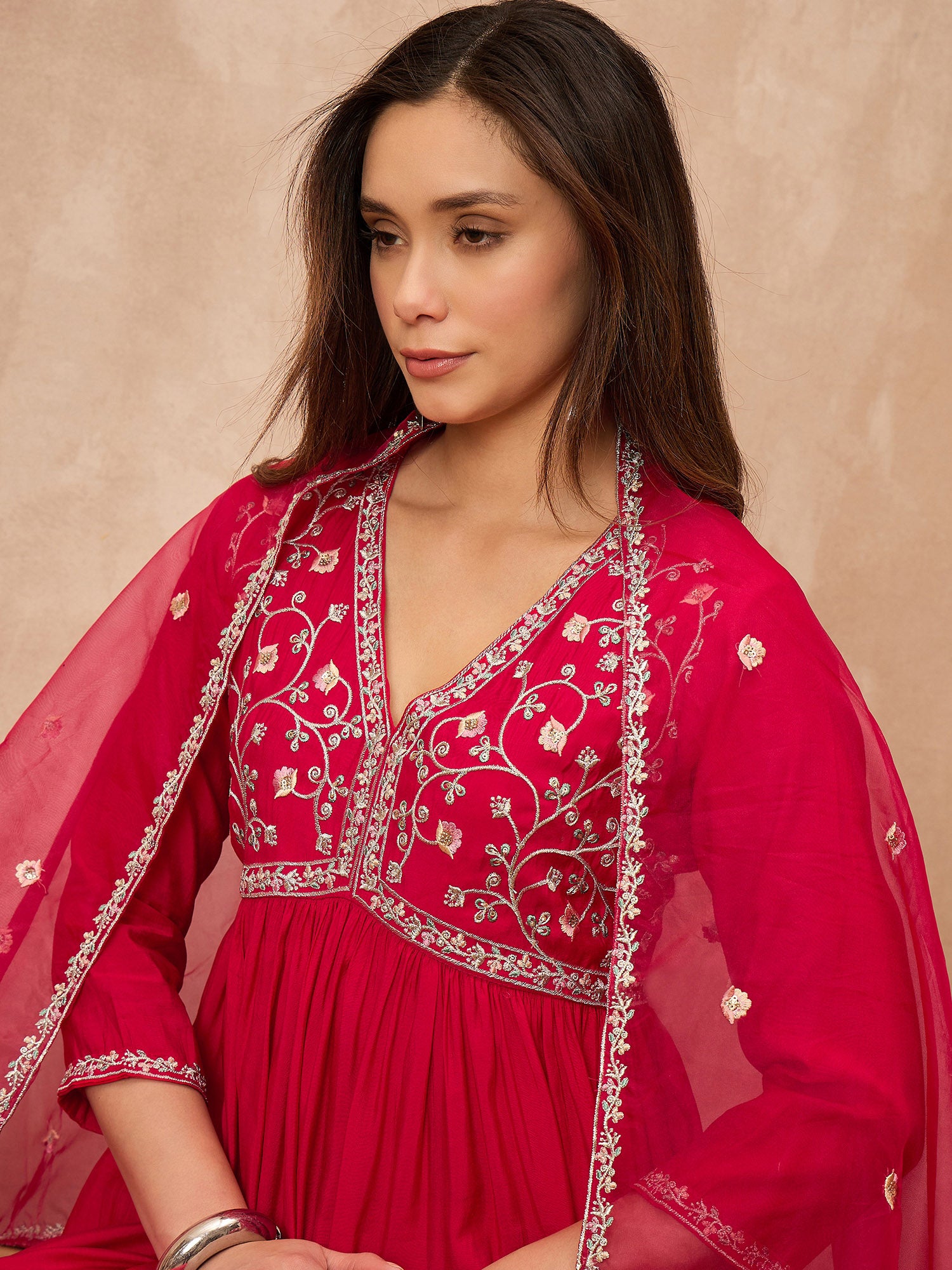Pink Silk Blend Solid A-Line Kurta Trouser with Dupatta