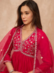 Pink Silk Blend Solid A-Line Kurta Trouser with Dupatta
