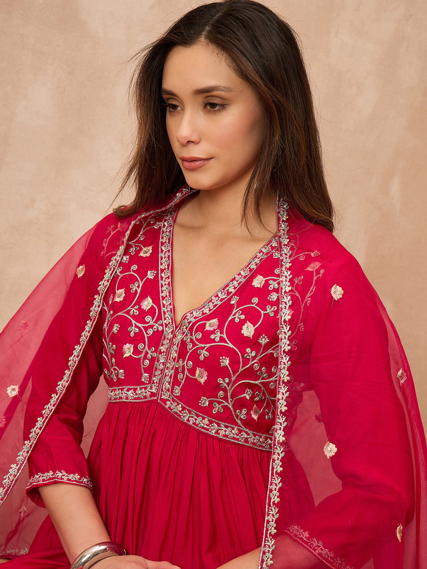 Pink Silk Blend Solid A-Line Kurta Trouser with Dupatta